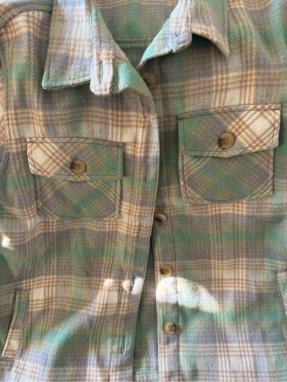Kids Plaid Button-Front Jacket in Pastel Green and Cream